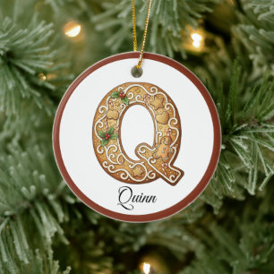 Customize Christmas Gingerbread Letter Q Monogram Ceramic Tree Decoration