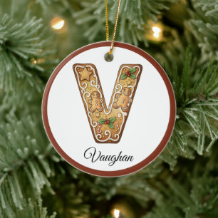 Customize Christmas Gingerbread Letter V Monogram Ceramic Tree Decoration
