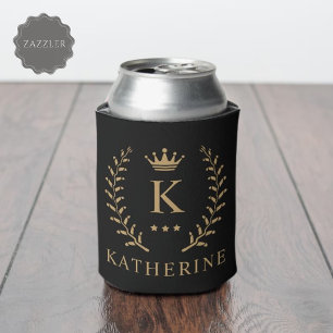 Customize Name & Initial Black White Gold Monogram Can Cooler