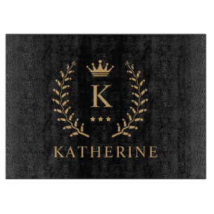 Customize Name & Initial Black White Gold Monogram Cutting Board