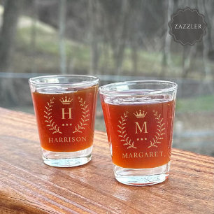 Customize Name & Initial Black White Gold Monogram Shot Glass