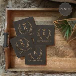 Customize Name & Initial Black White Gold Monogram Stone Coaster