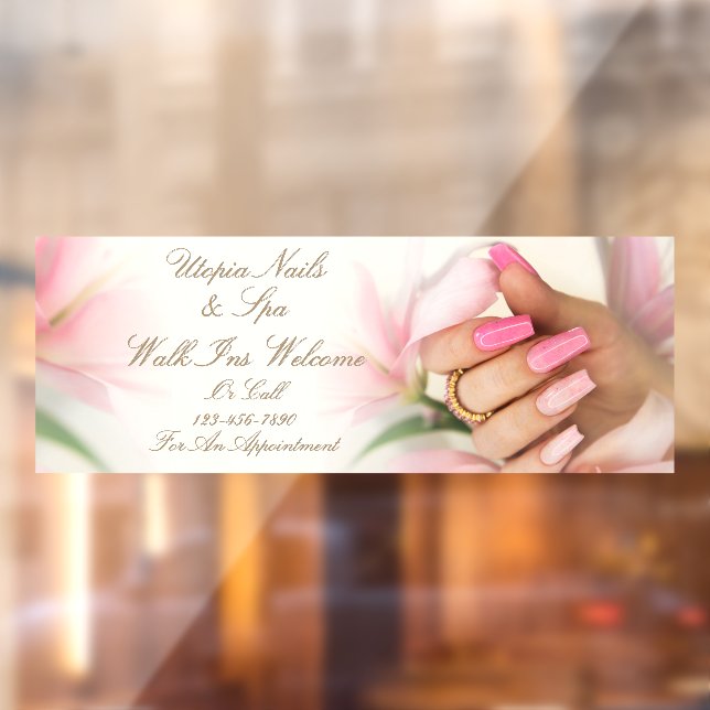 Customize Pink Floral  Nail Salon Walk Ins Welcome Window Cling (Sheet 2)