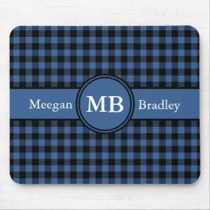 Customizeable Blue and Black checked Gingham Mouse Mat