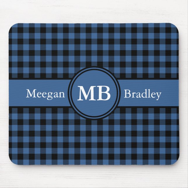 Customizeable Blue and Black checked Gingham Mouse Mat (Front)