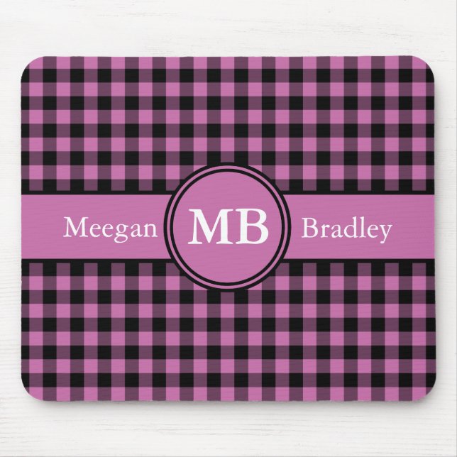 Customizeable Pink and Black checked Gingham Mouse Mat (Front)