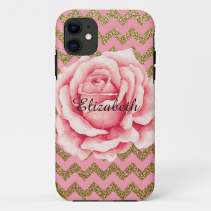 Customizeable Pink & Gold Rose Glitter iPhone 11 Case