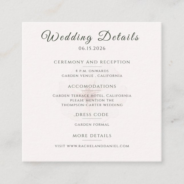 Customized Blush Floral Garden Wedding Details  Enclosure Card (Front)