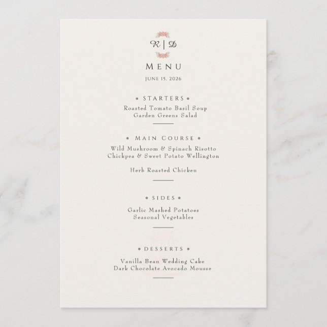 Customized Blush Garden Minimal Floral Wedding  Menu (Front)