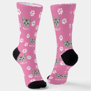 Customized Cat Pet Photo & Name Pink Socks