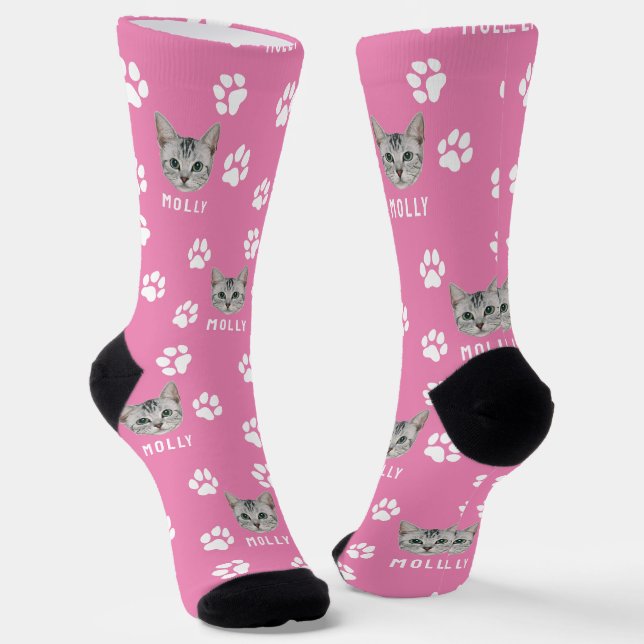 Customized Cat Pet Photo & Name Pink Socks (Angled)