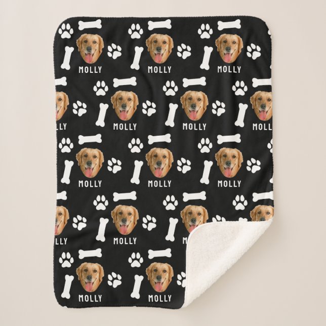 Customized Dog Pet Photo & Name Black Sherpa Blanket (Front)