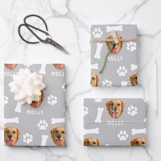 Customized Dog Pet Photo & Name Gray Wrapping Paper Sheet (Front)
