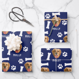 Customized Dog Pet Photo & Name Navy Blue Wrapping Paper Sheet