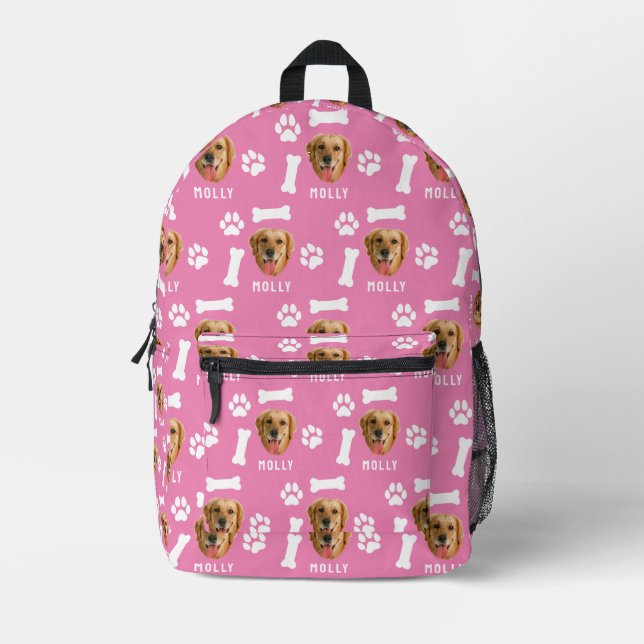 Customized Dog Pet Photo & Name Pink Printed Backpack (Front)