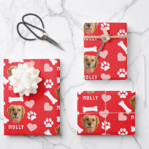 Customized Dog Pet Photo & Name Pink Red Hearts Wrapping Paper Sheet
