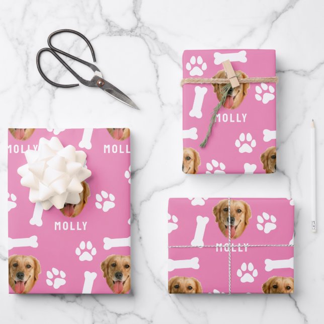 Customized Dog Pet Photo & Name Pink Wrapping Paper Sheet (Front)