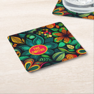 CUSTOMIZED DOODLE FLOWERS ART DESIGN  SQUARE PAPER COASTER