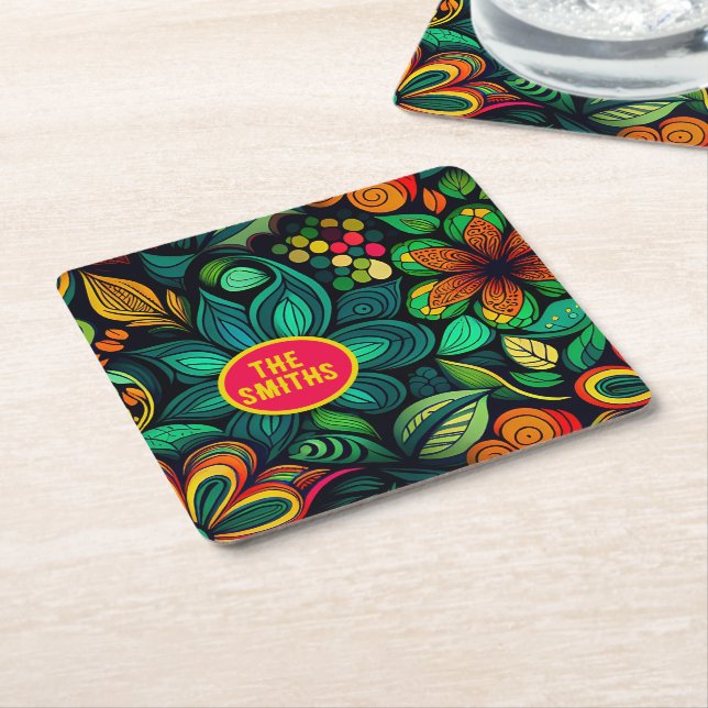CUSTOMIZED DOODLE FLOWERS ART DESIGN  SQUARE PAPER COASTER (Angled)
