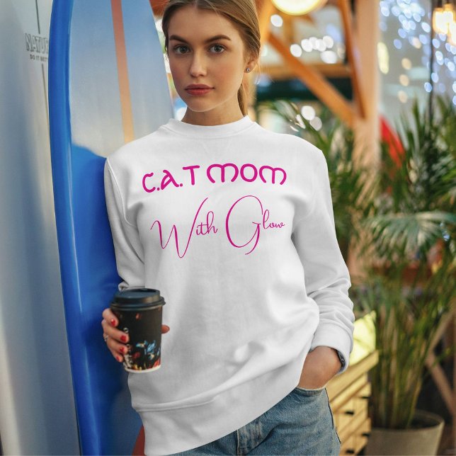 Customized Funny Script Hot Pink And White Cat Mom Sweatshirt (Creator Uploaded)