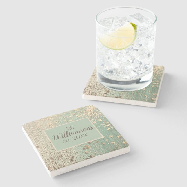 Customized Gold Stardust on Sea Green   Stone Coaster (Side)