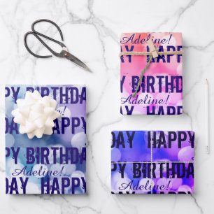 Customized Happy Birthday Pink, Purple Blue Bokeh Wrapping Paper Sheet