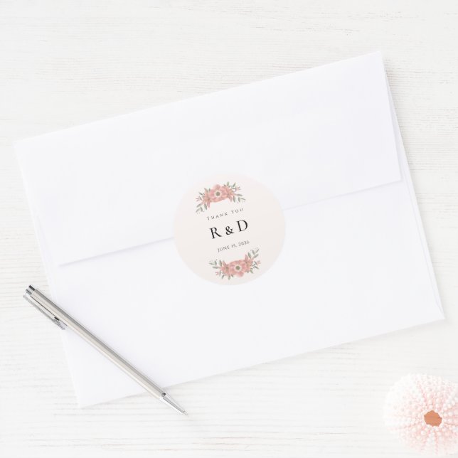 Customized Initials Blush Garden Wedding Favor Classic Round Sticker (Envelope)