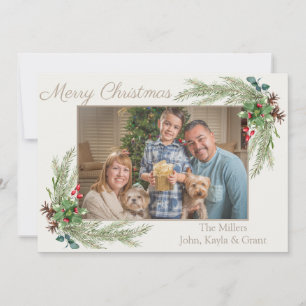 CUSTOMIZED MERRY CHRISTMAS PINNEEDLE GREENERY HOLIDAY CARD