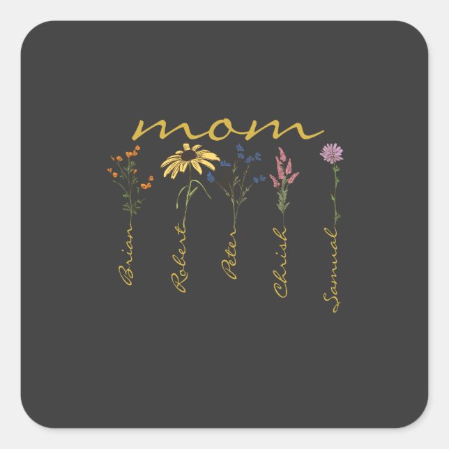 Customized mom children name flower square sticker (Front)