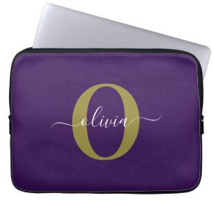 Customized Monogram Script Name Purple White Gold Laptop Sleeve