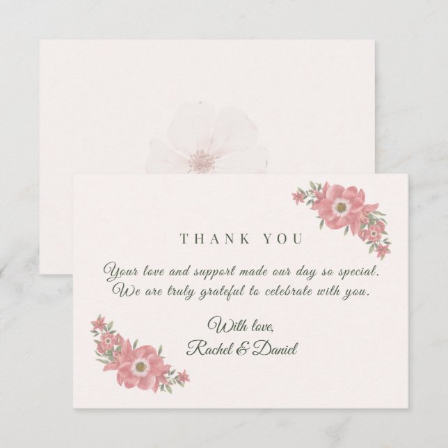Customized Name Blush Floral Garden Wedding Favor Thank You Card (Front/Back)