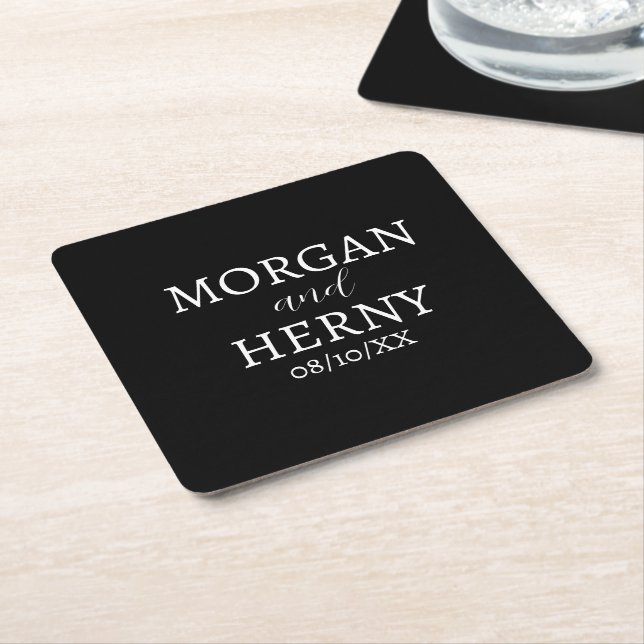 CUSTOMIZED NAME STYLISH MODERN BLACK WEDDING SQUARE PAPER COASTER (Angled)