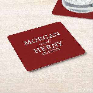 CUSTOMIZED NAME STYLISH MODERN BURGUNDY WEDDING  SQUARE PAPER COASTER