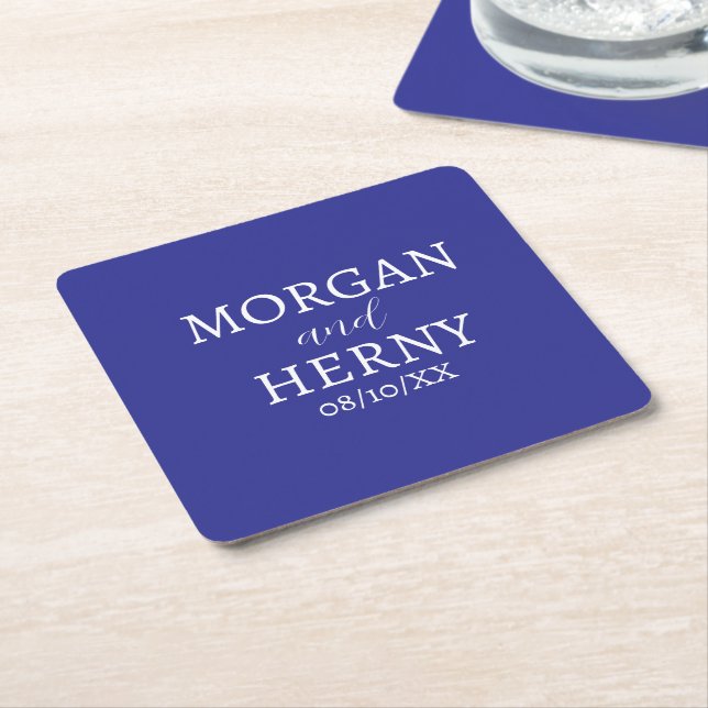 CUSTOMIZED NAME STYLISH MODERN DARK BLUE WEDDING SQUARE PAPER COASTER (Angled)