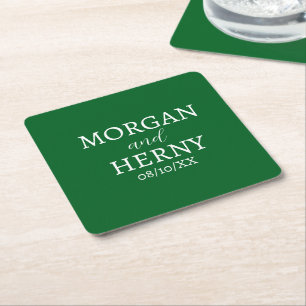 CUSTOMIZED NAME STYLISH MODERN DARK GREEN WEDDING  SQUARE PAPER COASTER