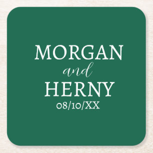 CUSTOMIZED NAME STYLISH MODERN DARK GREEN WEDDING  SQUARE PAPER COASTER
