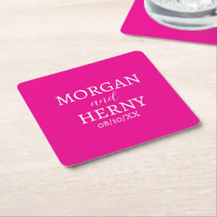 CUSTOMIZED NAME STYLISH MODERN HOT PINK WEDDING  SQUARE PAPER COASTER
