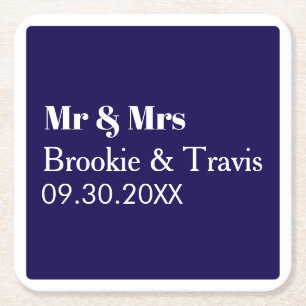 Customized Name Stylish Modern Minimal Wedding Square Paper Coaster