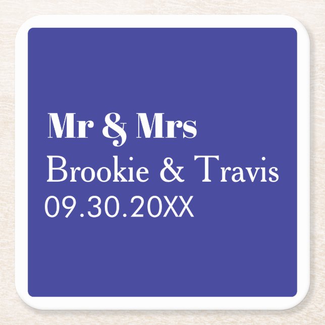 Customized Name Stylish Modern Minimal Wedding  Square Paper Coaster (Front)