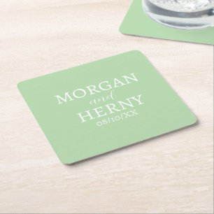 CUSTOMIZED NAME STYLISH MODERN PALE GREEN WEDDING  SQUARE PAPER COASTER