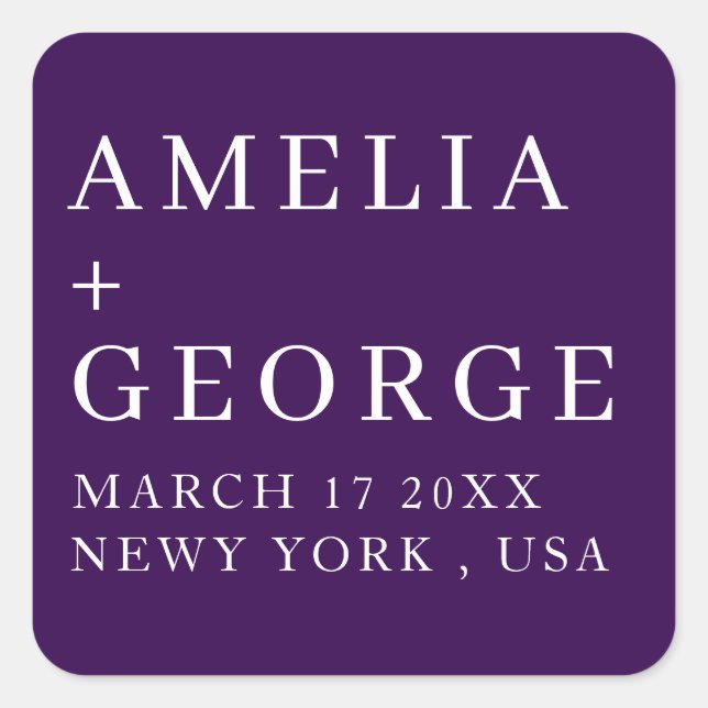 CUSTOMIZED NAME STYLISH MODERN WEDDING DARK PURPLE SQUARE STICKER (Front)