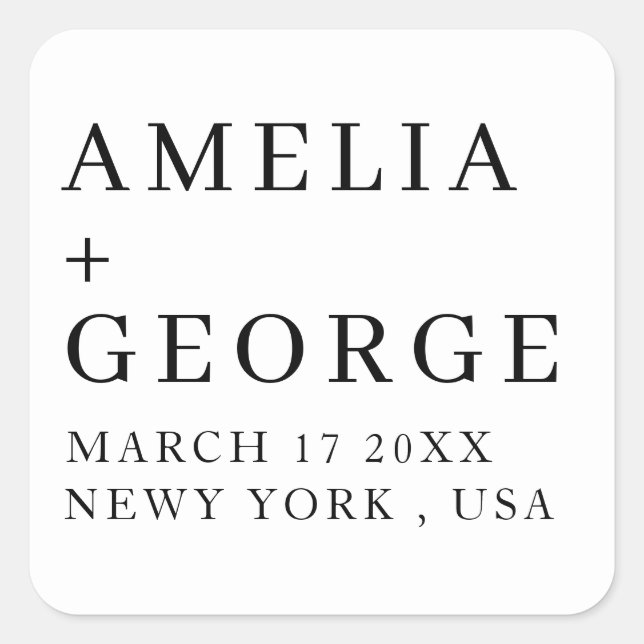 CUSTOMIZED NAME STYLISH MODERN WEDDING WHITE COLOR SQUARE STICKER (Front)