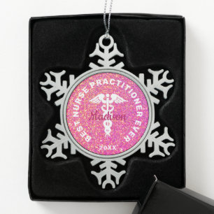 Customized Nurse Practitioner NP Graduation Pink Snowflake Pewter Christmas Ornament