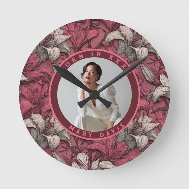 Customized Pink Lilies Charm Summer Party Round Clock (Front)