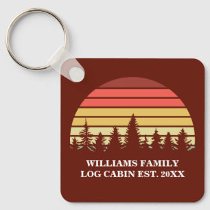 Customized Red Sunset Log Cabin Lake House Key Ring