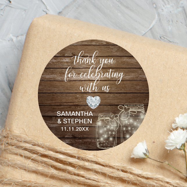 Customized Rustic Mason Jars Wood Hearts Wedding Classic Round Sticker (Rustic Thank you wedding stickers. Wood and heart.)