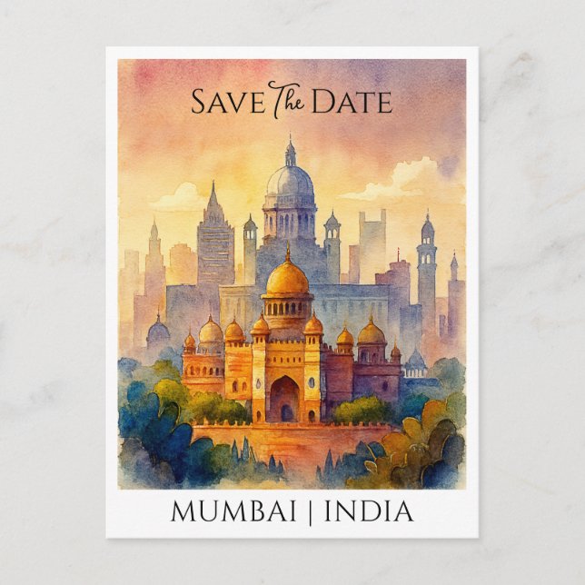 Customized Save the Date Mumbai India Watercolor  Postcard (Front)