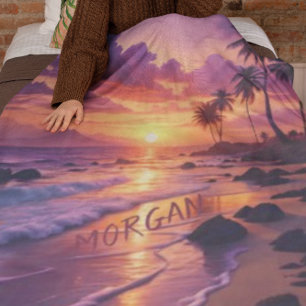 Customized Tropical Sunset Beach – Dreamy Coastal Fleece Blanket