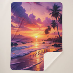 Customized Tropical Sunset Beach – Dreamy Coastal Sherpa Blanket