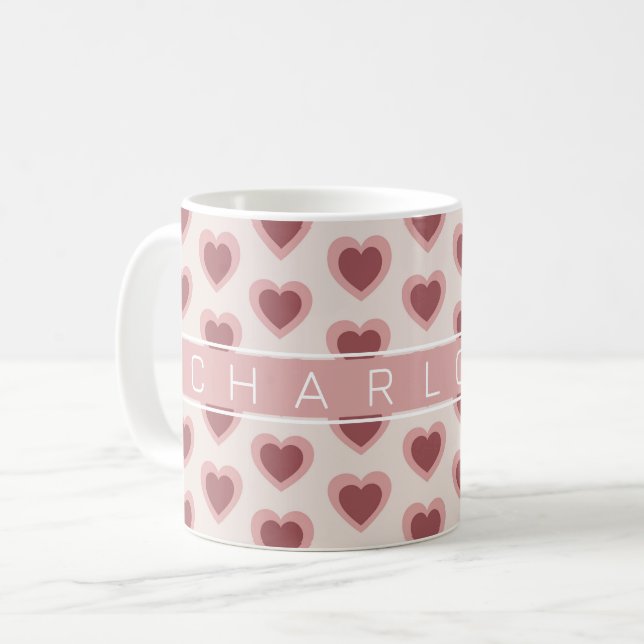 Customized Y2K Heart in Bordeaux Pink Retro Coffee Mug (Front Left)